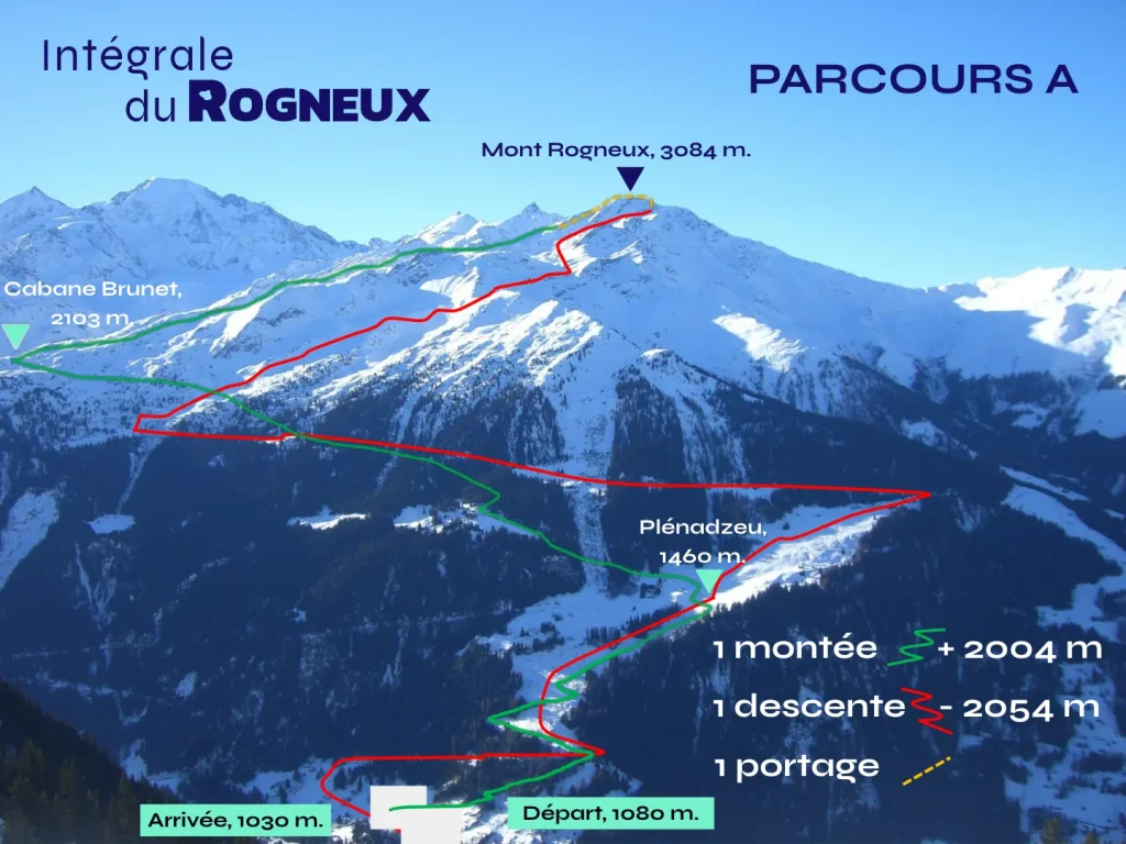 Tracé du parcours A sur une vue du val de Bagnes, de Lourtier au sommet du Rogneux